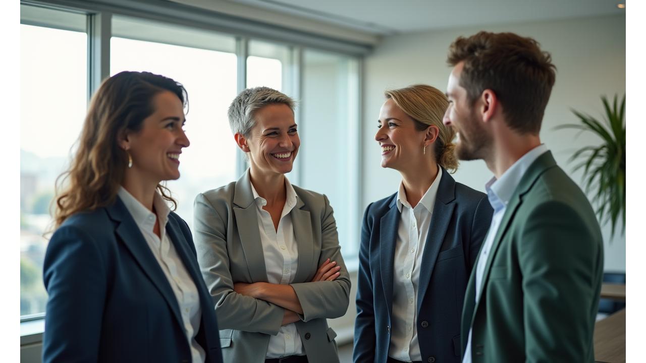 Founders of Lumina Wellspring, a diverse team of professionals smiling confidently in a modern San Francisco office, symbolizing innovation and expertise.