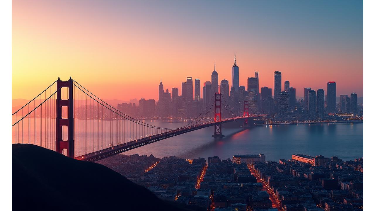 Panoramic view of the San Francisco skyline at sunset, with the Bay Bridge and modern buildings, symbolizing innovation and connection.