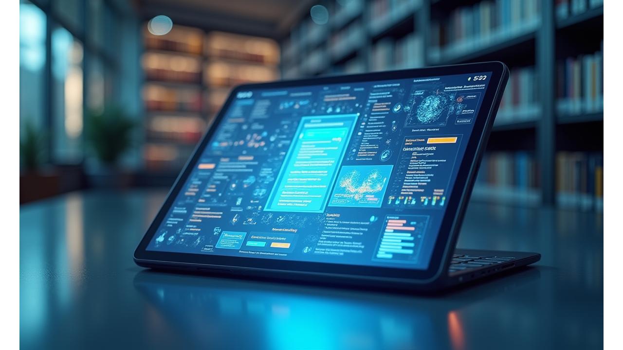 Illustration of a well-organized digital library on a tablet screen, filled with academic papers, charts, and a search bar, symbolizing comprehensive wellness research.