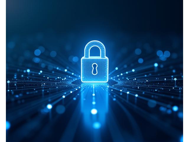 An abstract representation of data security, featuring a glowing padlock icon surrounded by a secure network of digital information, signifying robust encryption and privacy. The design is modern, clean, and trustworthy.