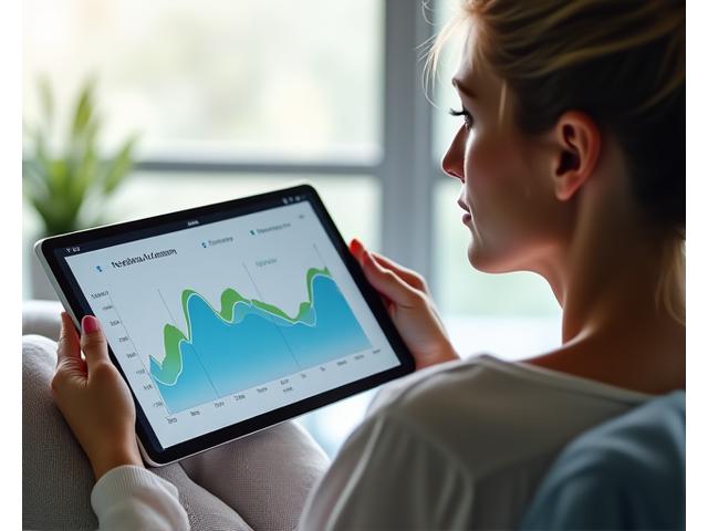 A person, likely in their 40s or 50s, thoughtfully observing a dynamic, interactive health trend graph on a sleek tablet. The graph shows various interconnected health metrics, demonstrating correlation and long-term progress with clear, engaging data visualization.