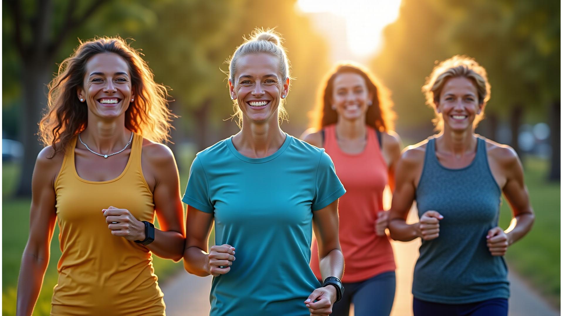Diverse group of active, middle-aged adults smiling, walking outdoors with smartwatches, looking vibrant and healthy.