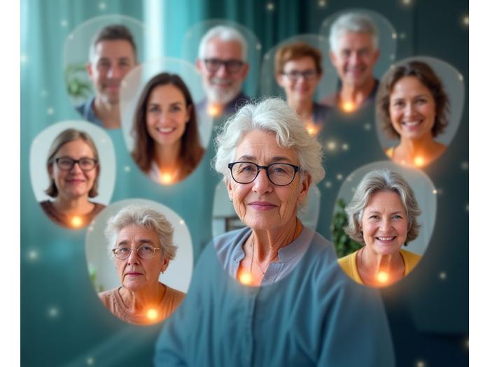Diverse group of adults engaged in supportive conversation online, depicted as interconnected profiles or video chat bubbles, radiating warmth and understanding.