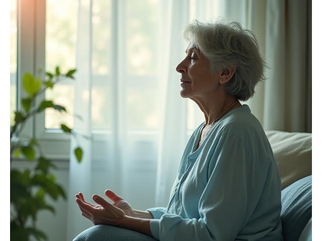Illustration of a person meditating calmly amidst abstract representations of swirling thoughts and responsibilities, symbolizing inner peace amidst chaos.