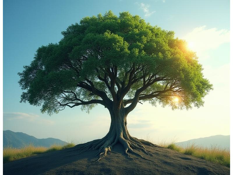 A visual metaphor of a strong, healthy tree with deep roots growing from a resilient base, symbolizing emotional strength and personal growth.