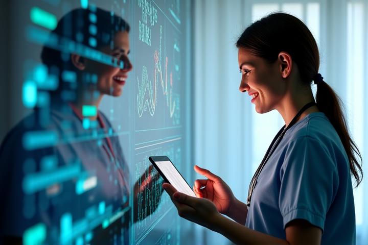 A split image showing on the left, a digital dashboard with health data visualizations (charts, metrics) and on the right, a health coach interacting with a client via video call, symbolizing AI-powered insights meeting human expertise.