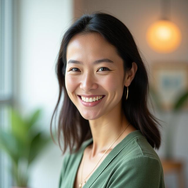 Experienced female health coach, Sarah, smiling warmly and extending a welcoming hand, representing personalized health coaching for adults 35+ at Lumina Wellspring.