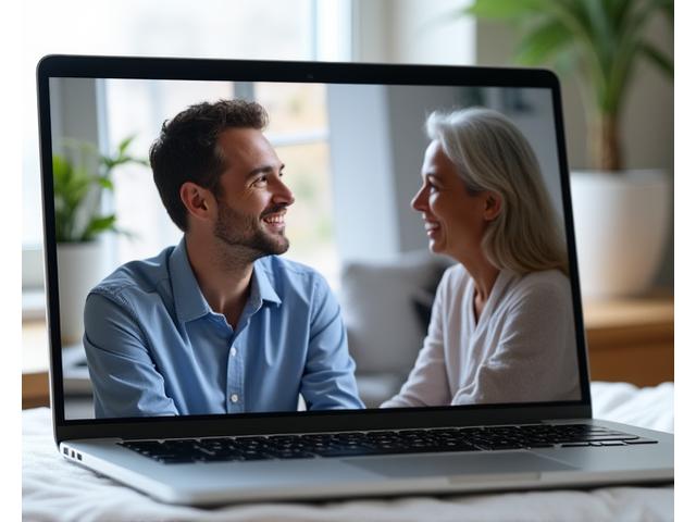 A certified sleep coach on a video call, providing personalized guidance to a mature client, emphasizing connection and trust through a screen interface.