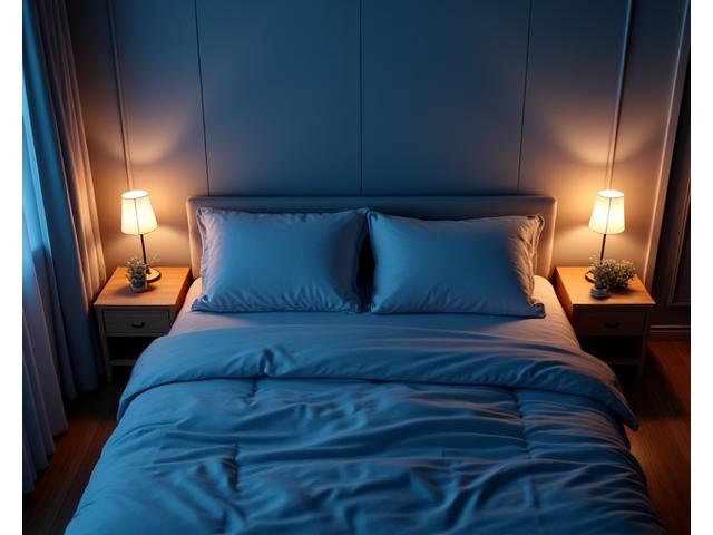 A perfectly optimized bedroom for sleep, featuring dim, warm lighting, minimalist decor, comfortable bedding, and subtle smart home devices, evoking tranquility and rest.