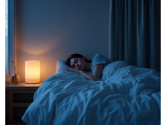 A serene bedroom scene at night, featuring a mature adult sleeping peacefully, bathed in soft, calming light.