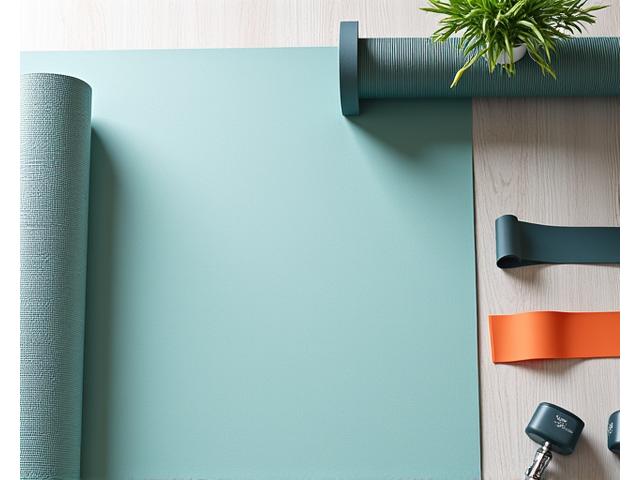 Arrangement of diverse fitness and wellness gear, including a sleek yoga mat, resistance bands, a foam roller, and small dumbbells on a bright, active background.