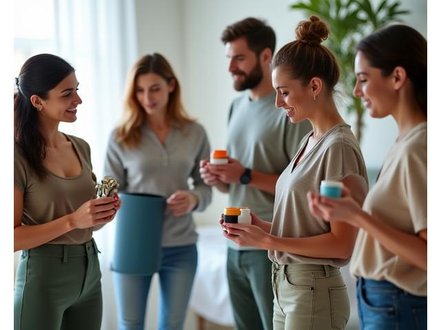Diverse group of adults confidently using various health and wellness products like smartwatches, yoga mats, and supplement bottles, all bathed in soft, natural light.