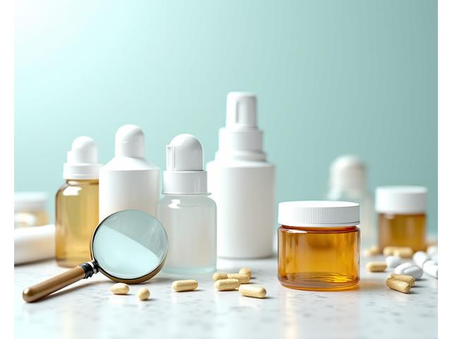 Arrangement of various supplement bottles and capsules on a clean, scientific-looking surface, with a magnifying glass nearby.